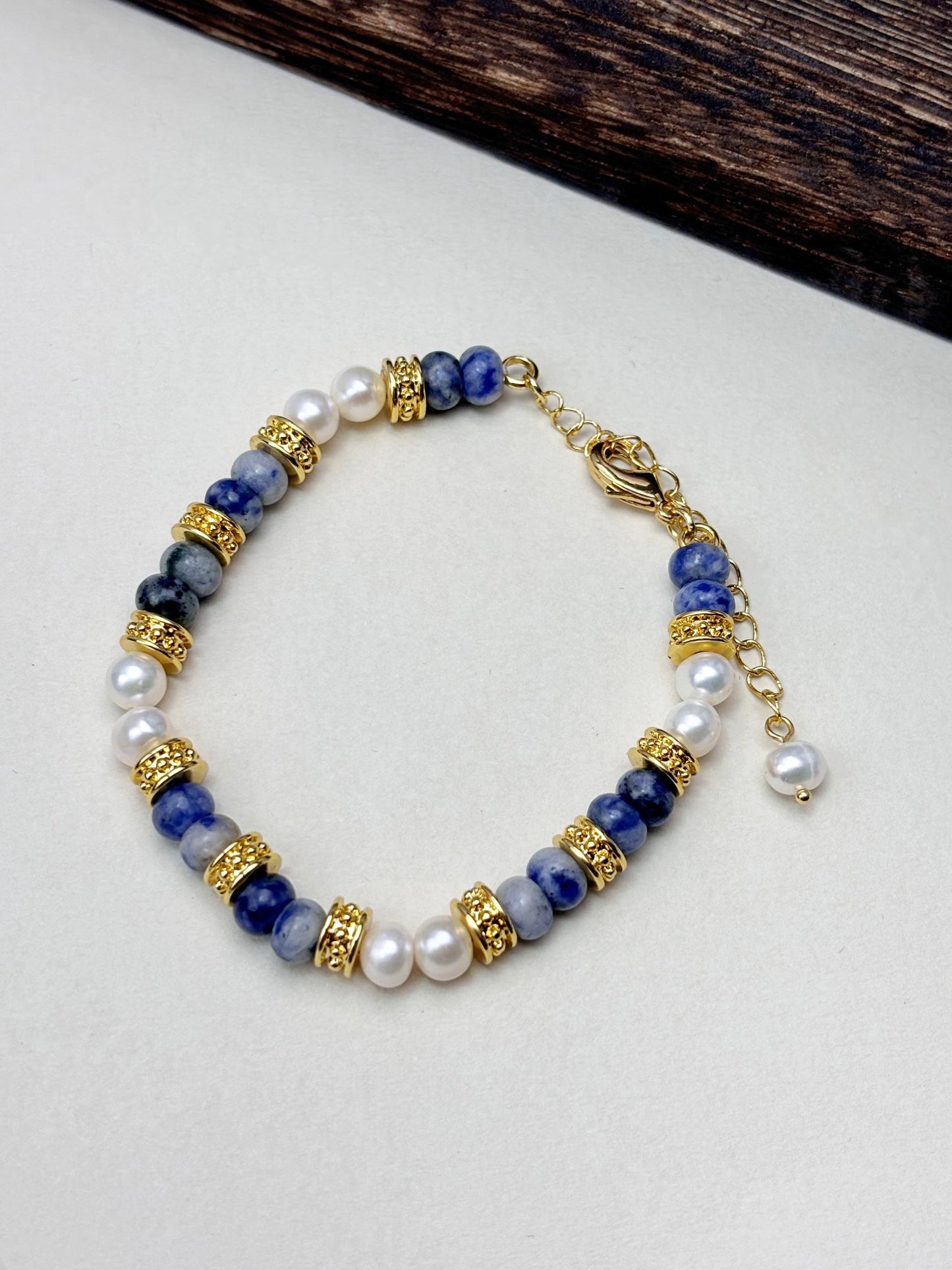 Natural Freshwater Pearl and bluestone 18k gold plated bracelets