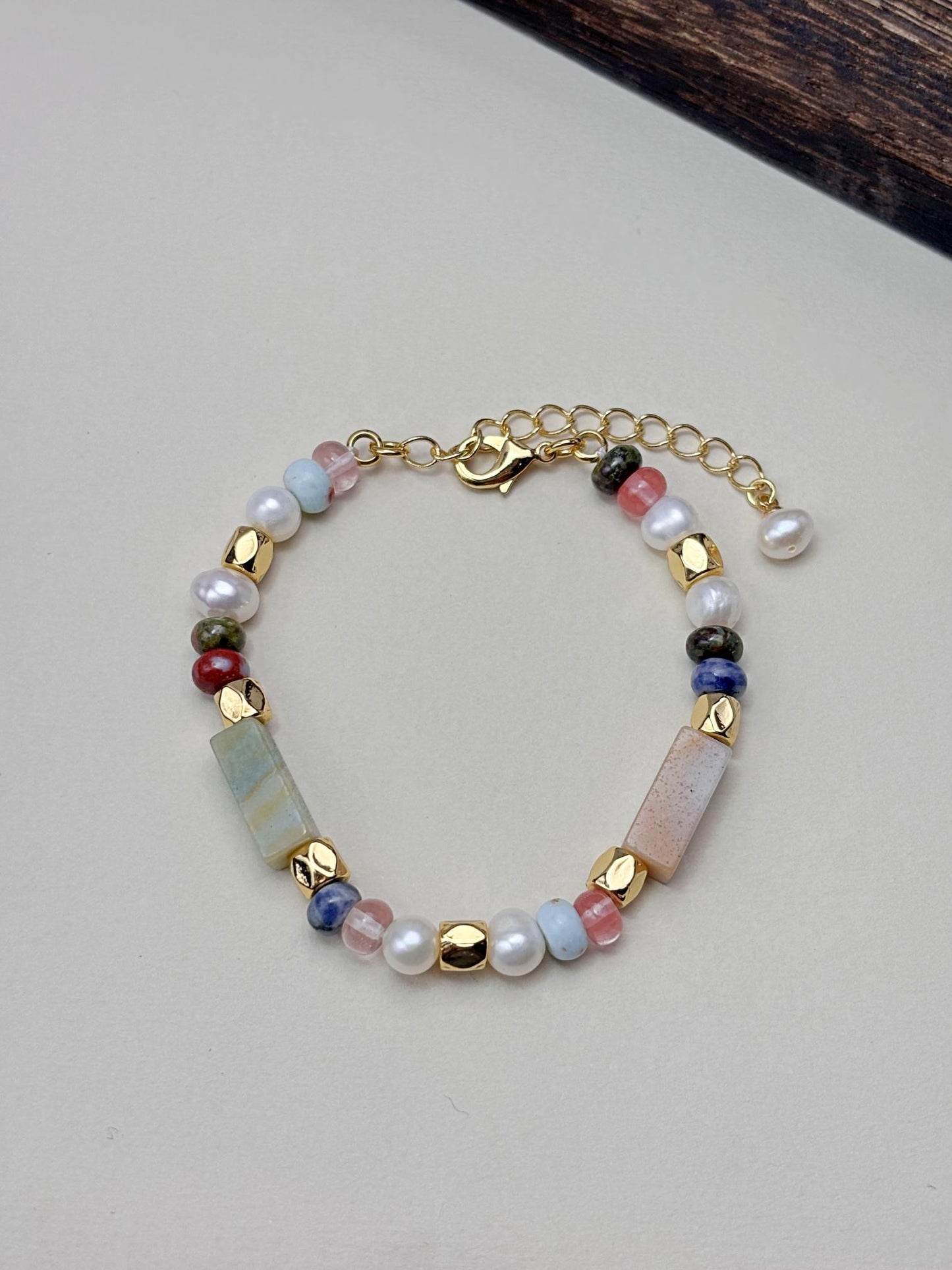 Natural Freshwater Pearl 18k with colourful stone 18kgold plated bracelets
