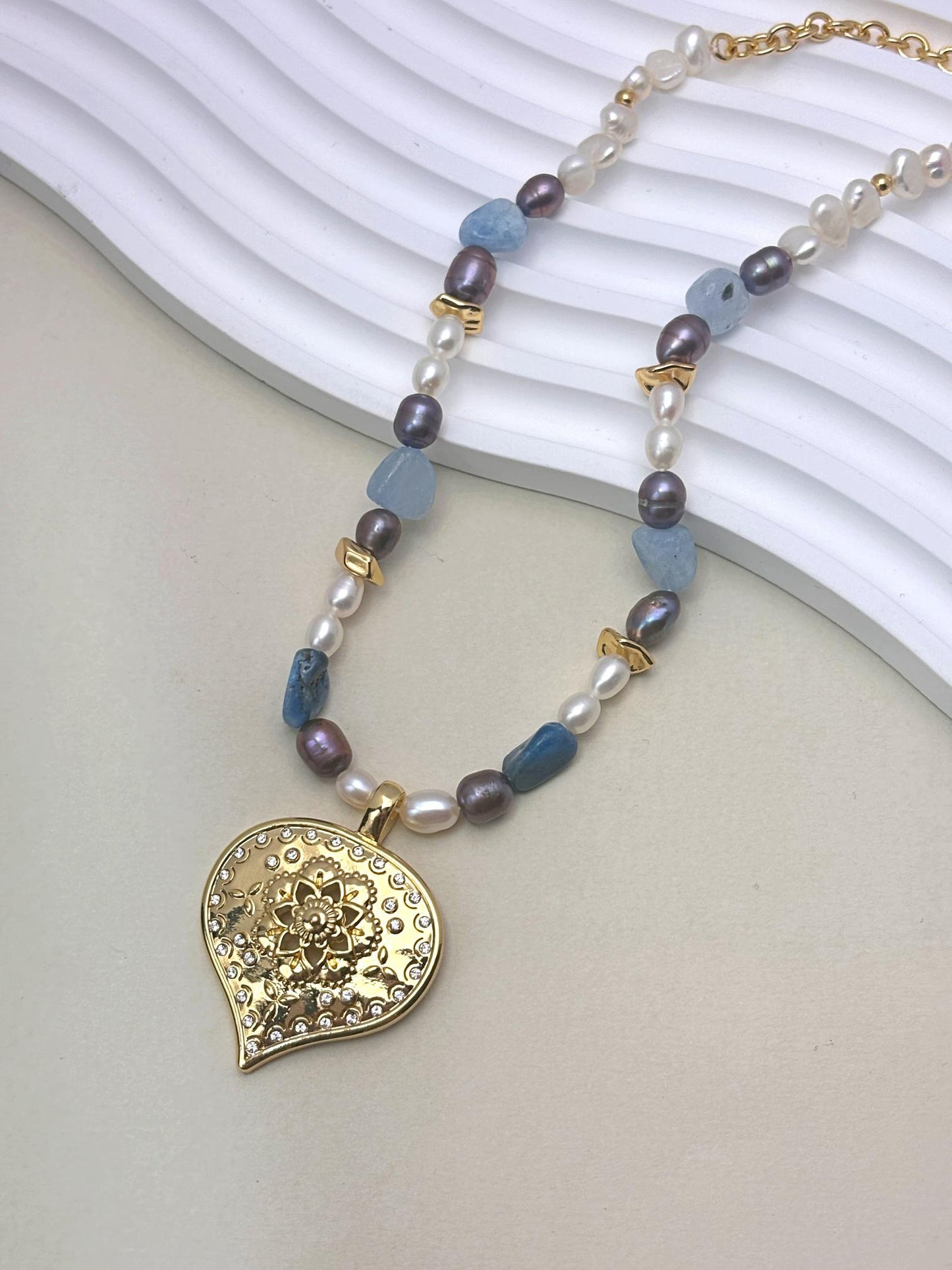 Fresh water Pearls with natural stone with 18k gold plated heart pendant necklaces