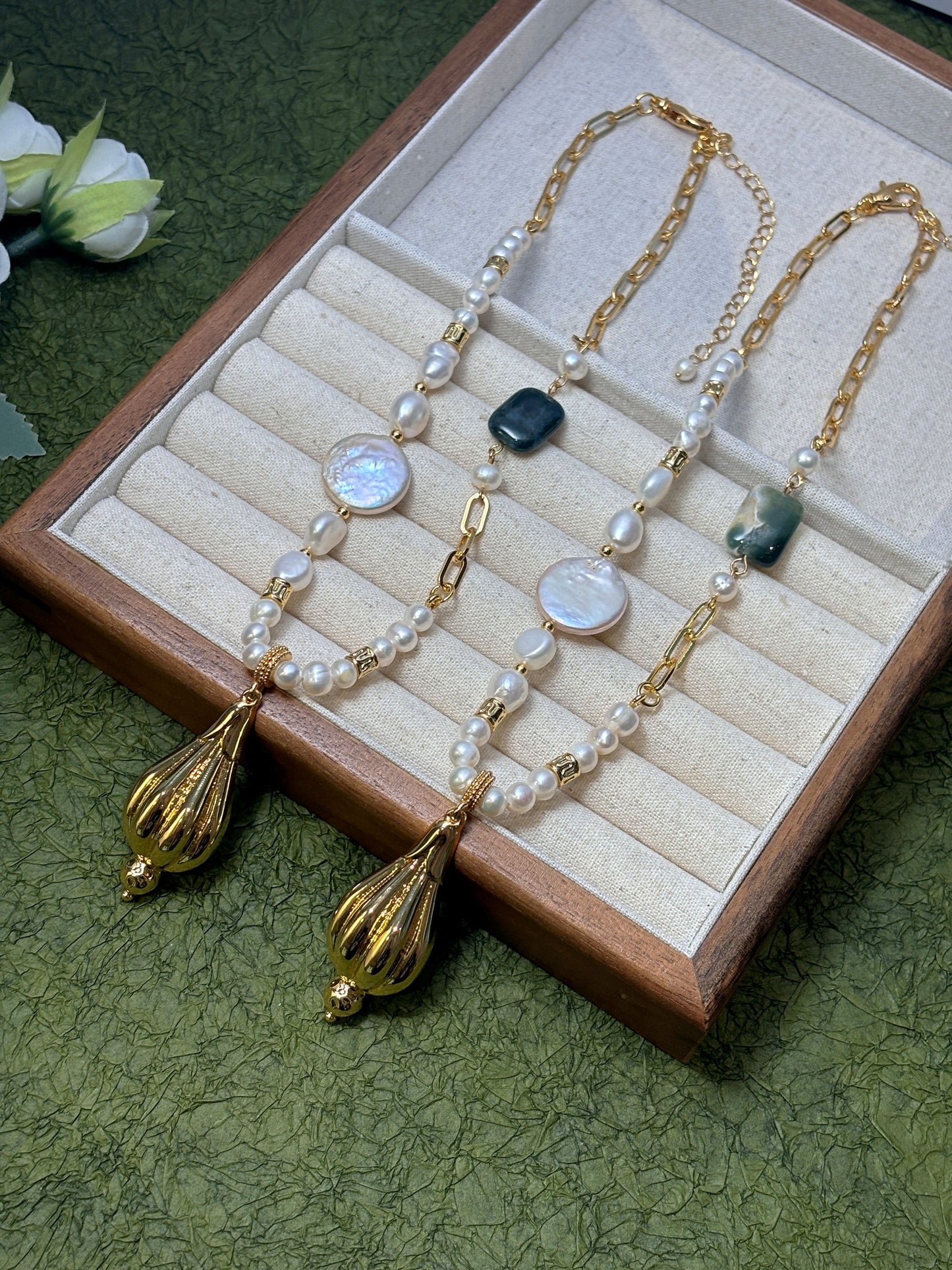 Natural Freshwater Pearls with 18k gold plated pendant necklaces
