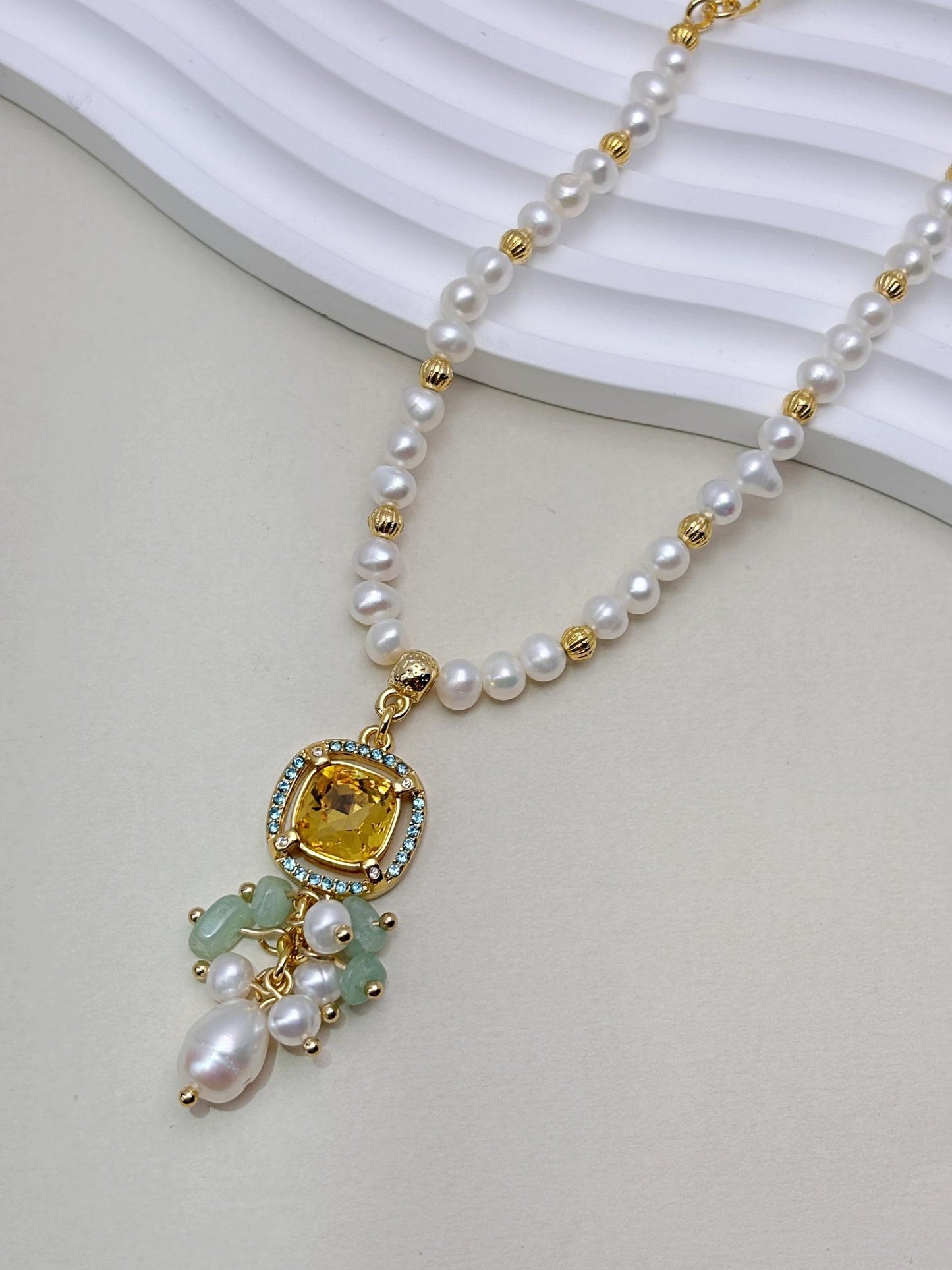 Natural Freshwater Pearls with 18k gold plated yellow stone pendant necklaces