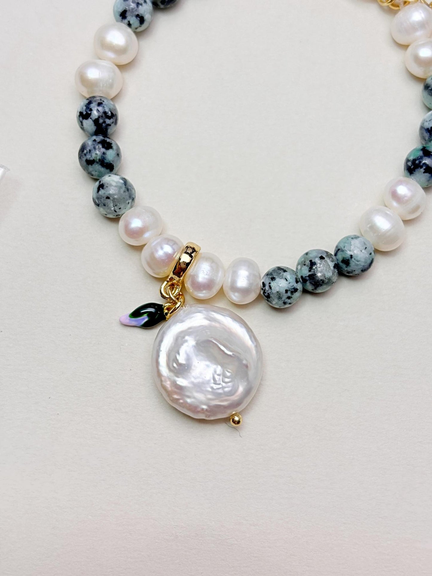 Natural Freshwater baroque Pearl with greenstone 18K gold plated bracelets
