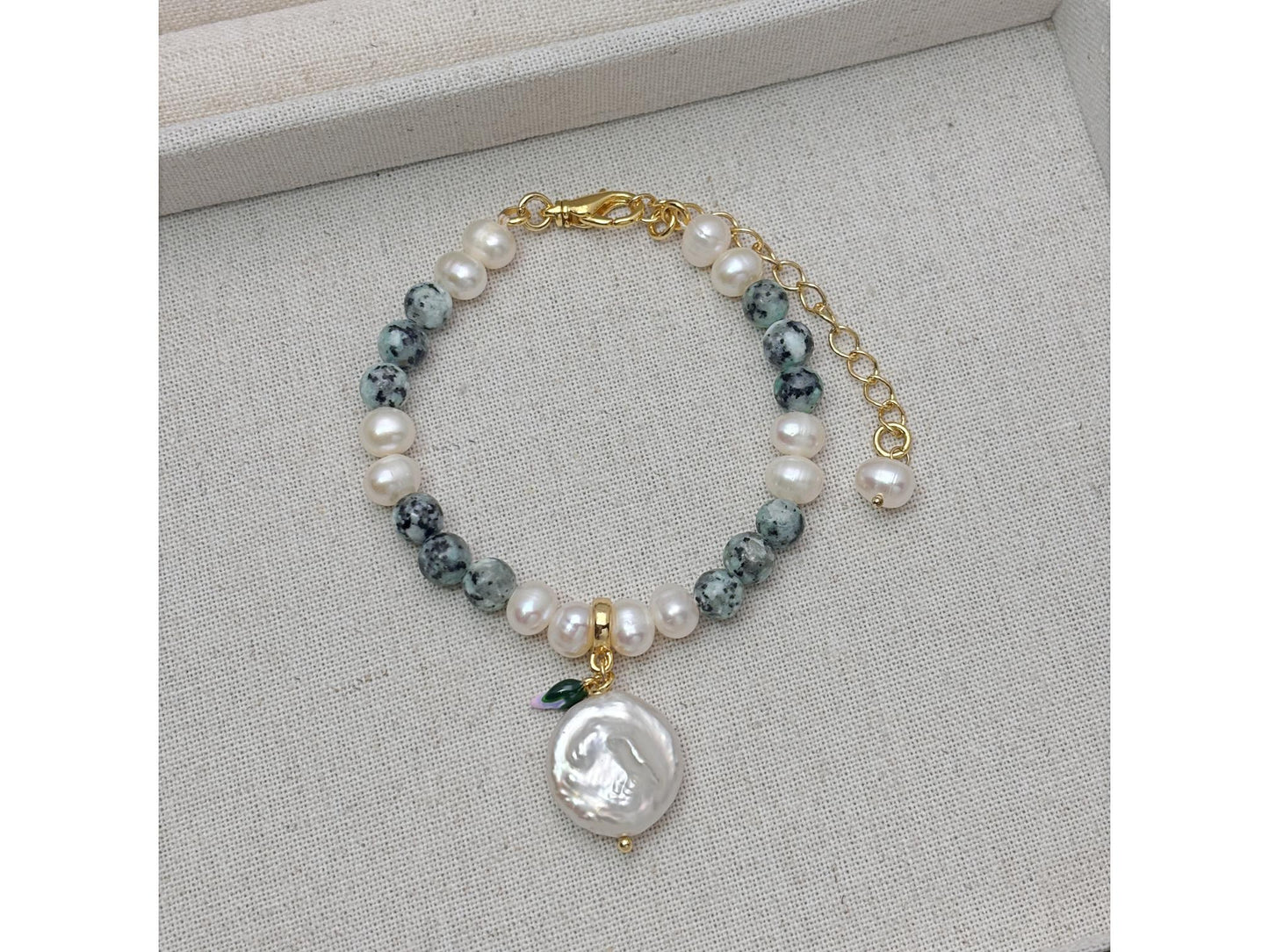 Natural Freshwater baroque Pearl with greenstone 18K gold plated bracelets