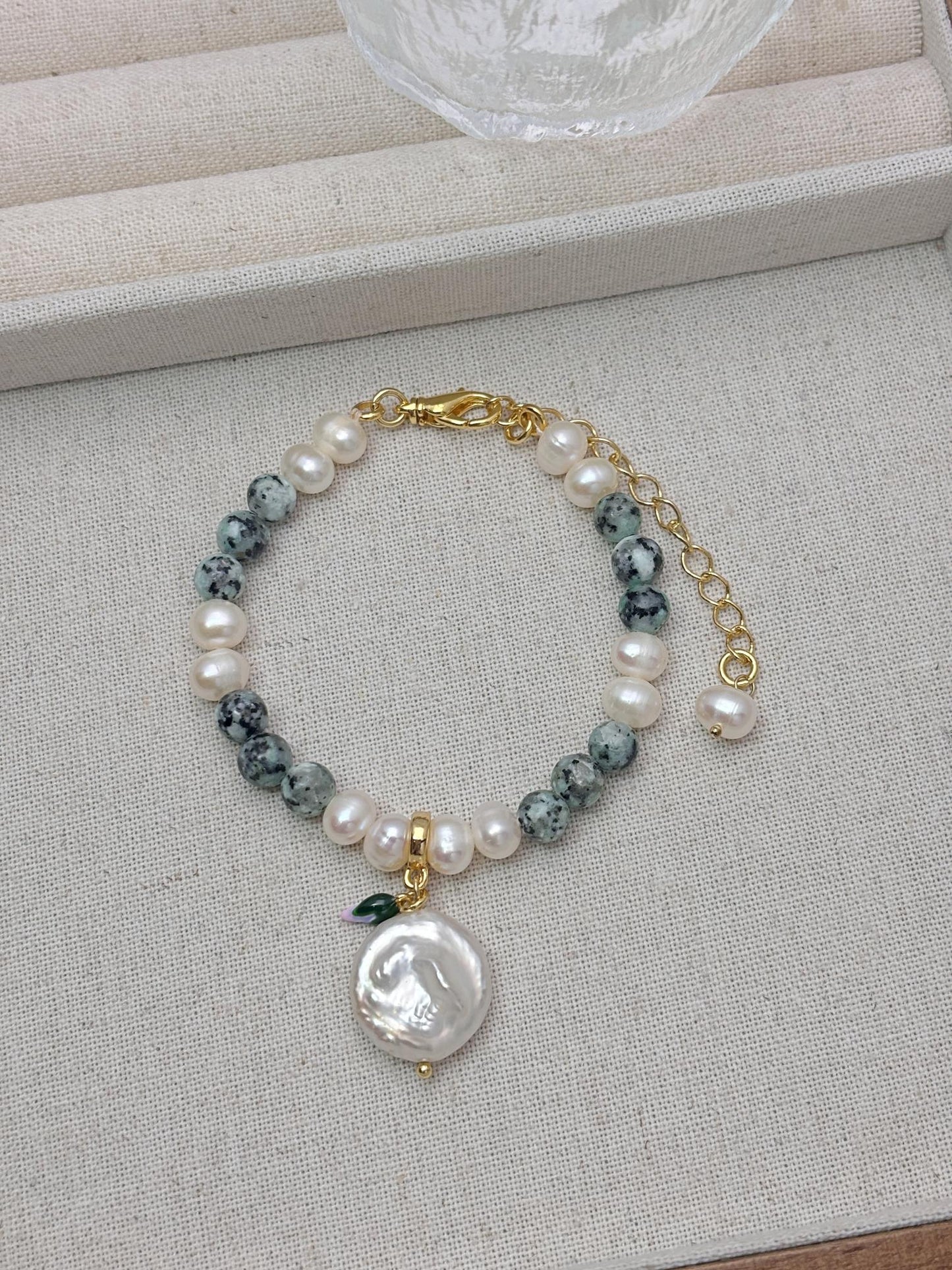 Natural Freshwater baroque Pearl with greenstone 18K gold plated bracelets