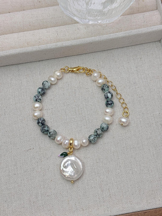 Natural Freshwater baroque Pearl with greenstone 18K gold plated bracelets