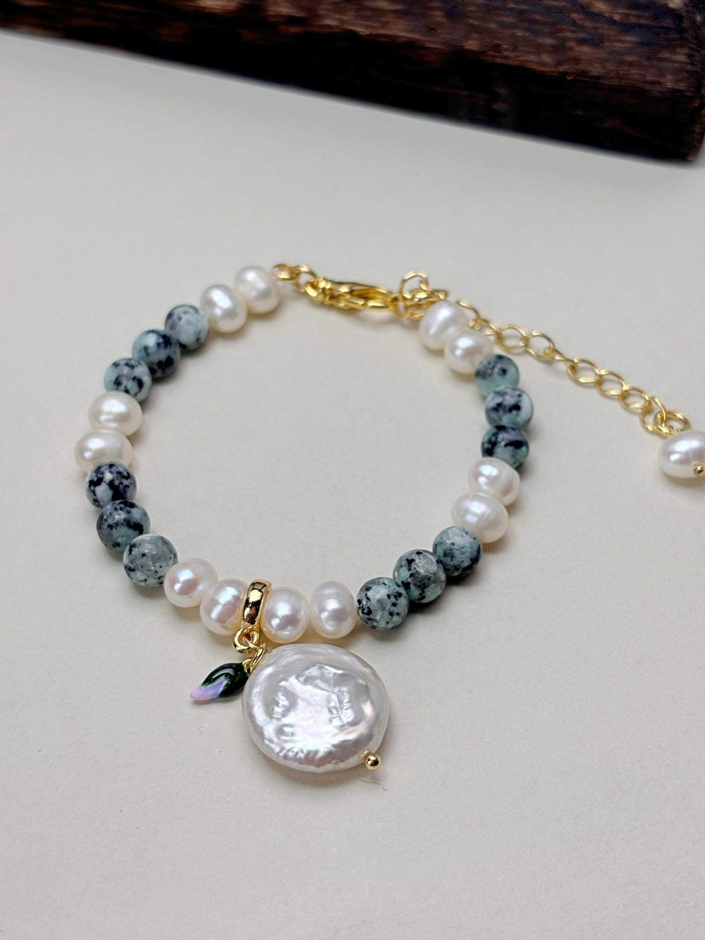 Natural Freshwater baroque Pearl with greenstone 18K gold plated bracelets
