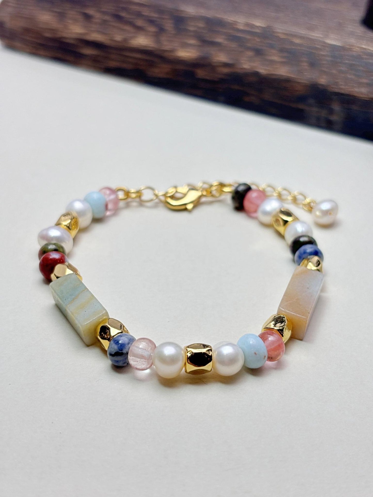 Natural Freshwater Pearl 18k with colourful stone 18kgold plated bracelets