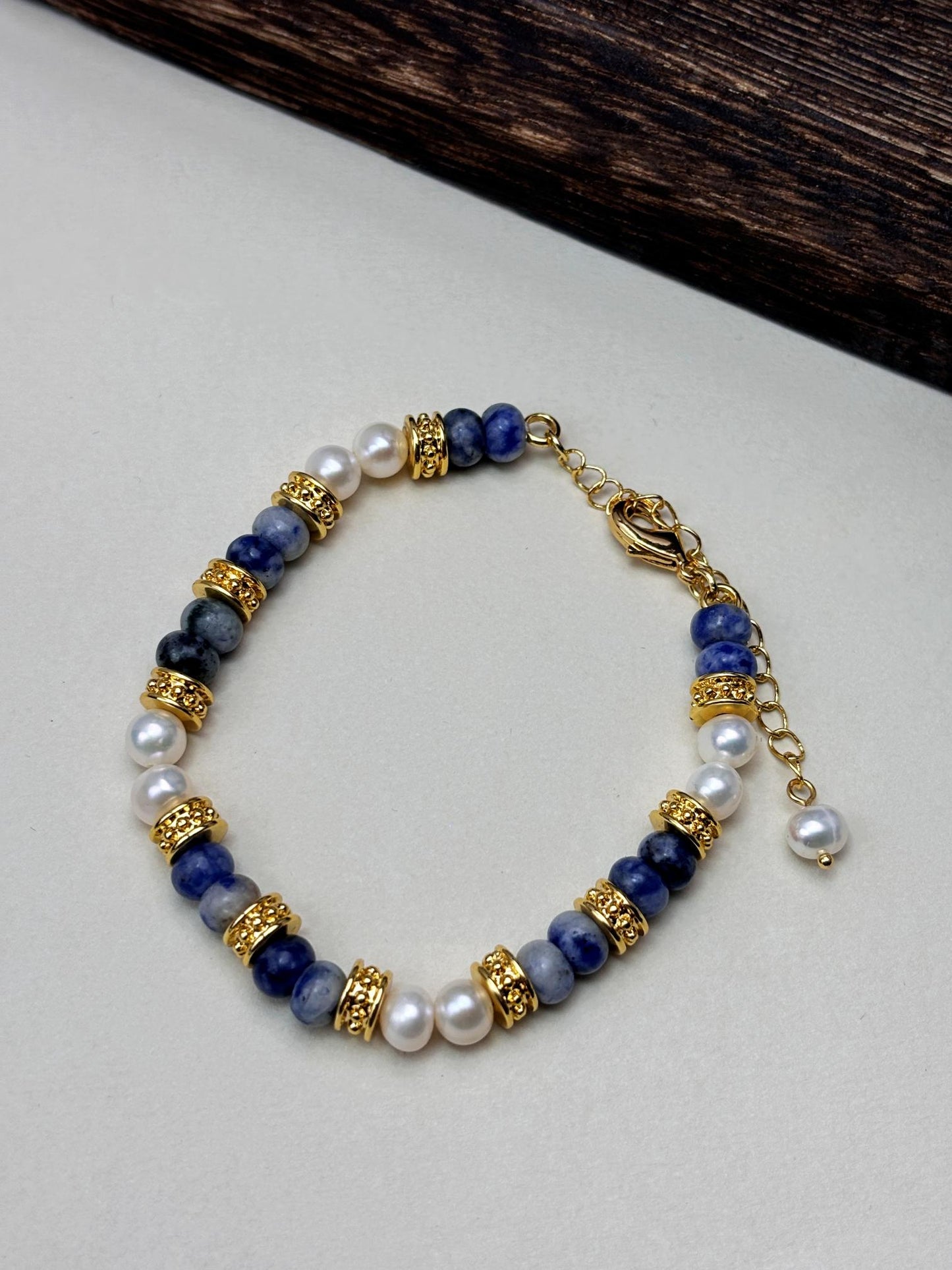 Natural Freshwater Pearl and bluestone 18k gold plated bracelets