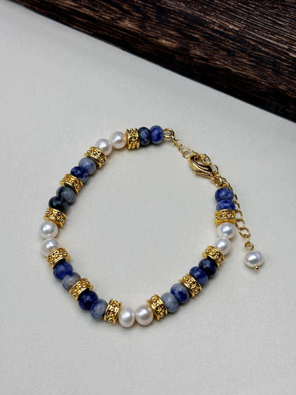 Natural Freshwater Pearl and bluestone 18k gold plated bracelets