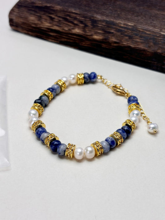 Natural Freshwater Pearl and bluestone 18k gold plated bracelets