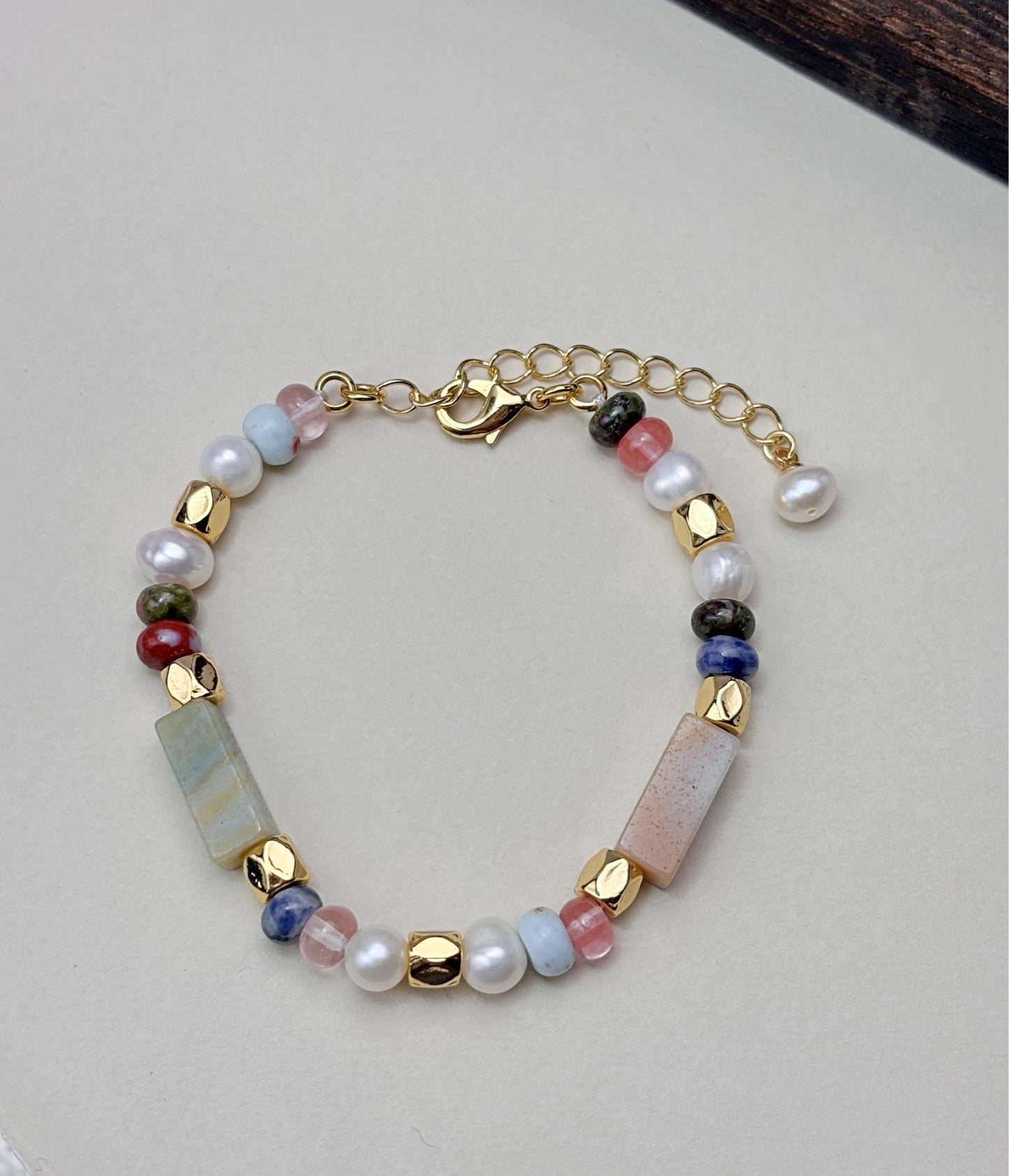 Natural Freshwater Pearl 18k with colourful stone 18kgold plated bracelets