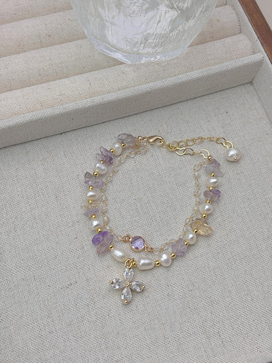 Handcrafted Natural Freshwater Pearls and purple crystal with 18k gold plated bracelets