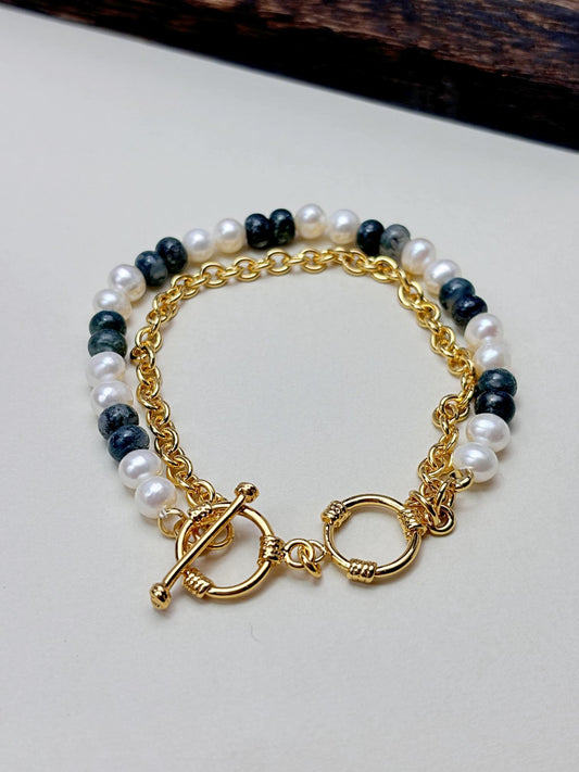 Natural Freshwater Pearl 18k with green stone 18kgold plated bracelets