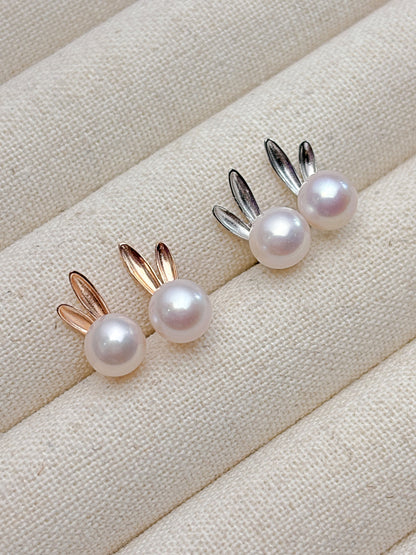 Handcrafted cute rabbit pearls stud with 925silver accessorie