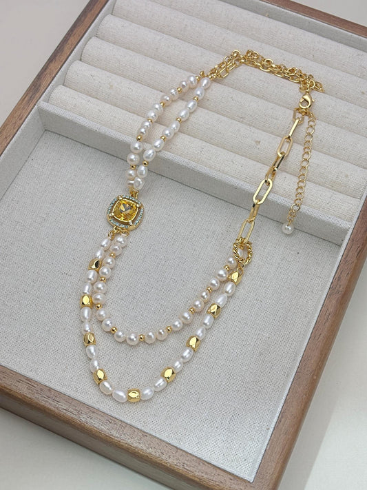 Natural pearl & heart pendant with 18kgold plated necklaces