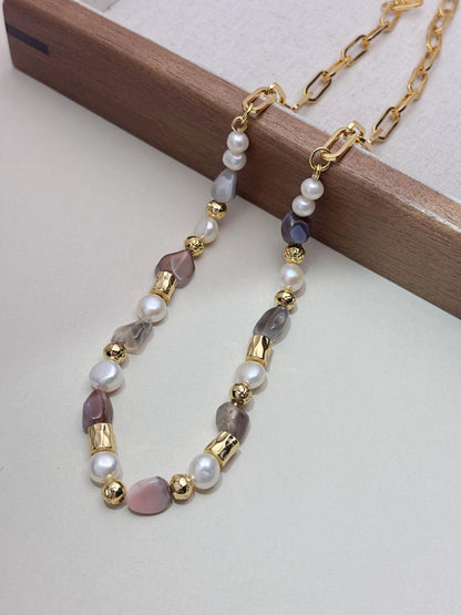 Natural Freshwater Pearls with natural stone necklaces 18k gold plated