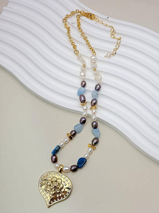 Fresh water Pearls with natural stone with 18k gold plated heart pendant necklaces