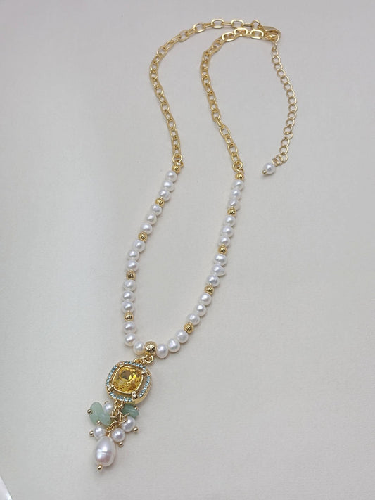 Natural Freshwater Pearls with 18k gold plated yellow stone pendant necklaces