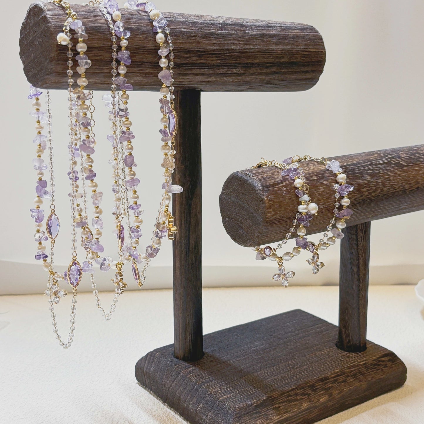 Handcrafted Natural Freshwater Pearls and purple crystal with 18k gold plated necklaces