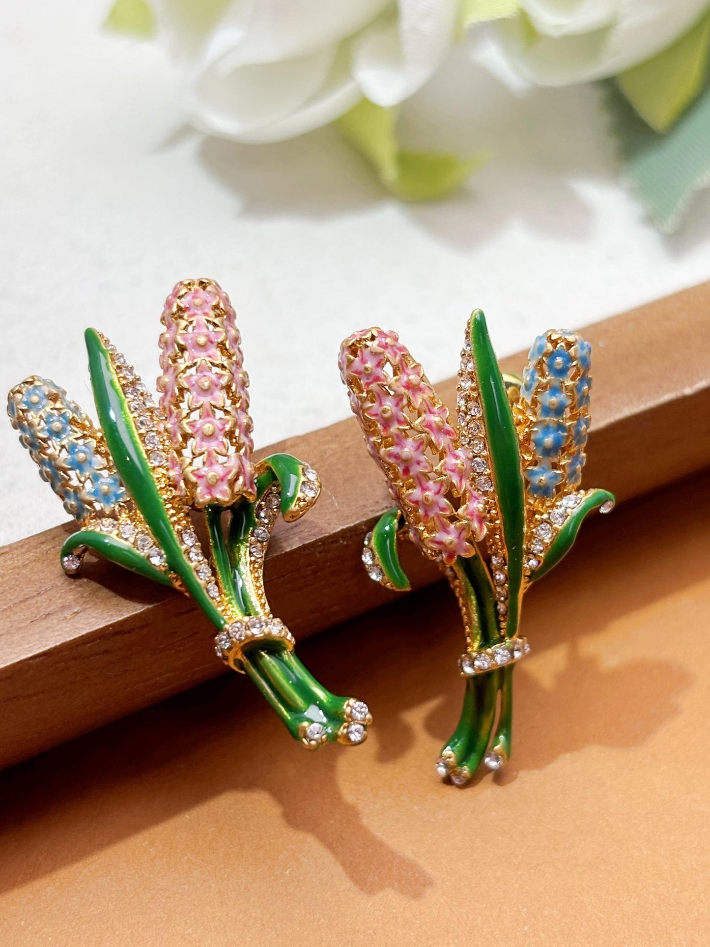 Vintage Hyacinth flowers Enamel Earrings